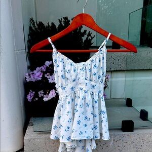 Floral White and Blue Spaghetti Strap open back
